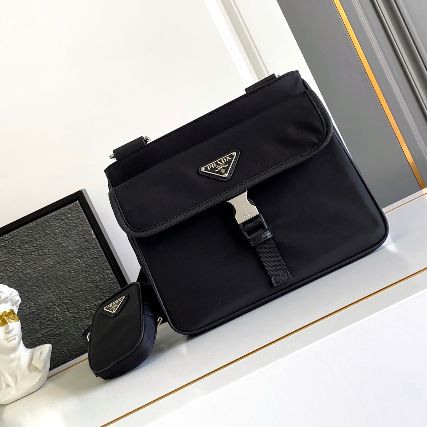 PRADA 26S SHOULDER BAG 22 IN BLACK NYLON
