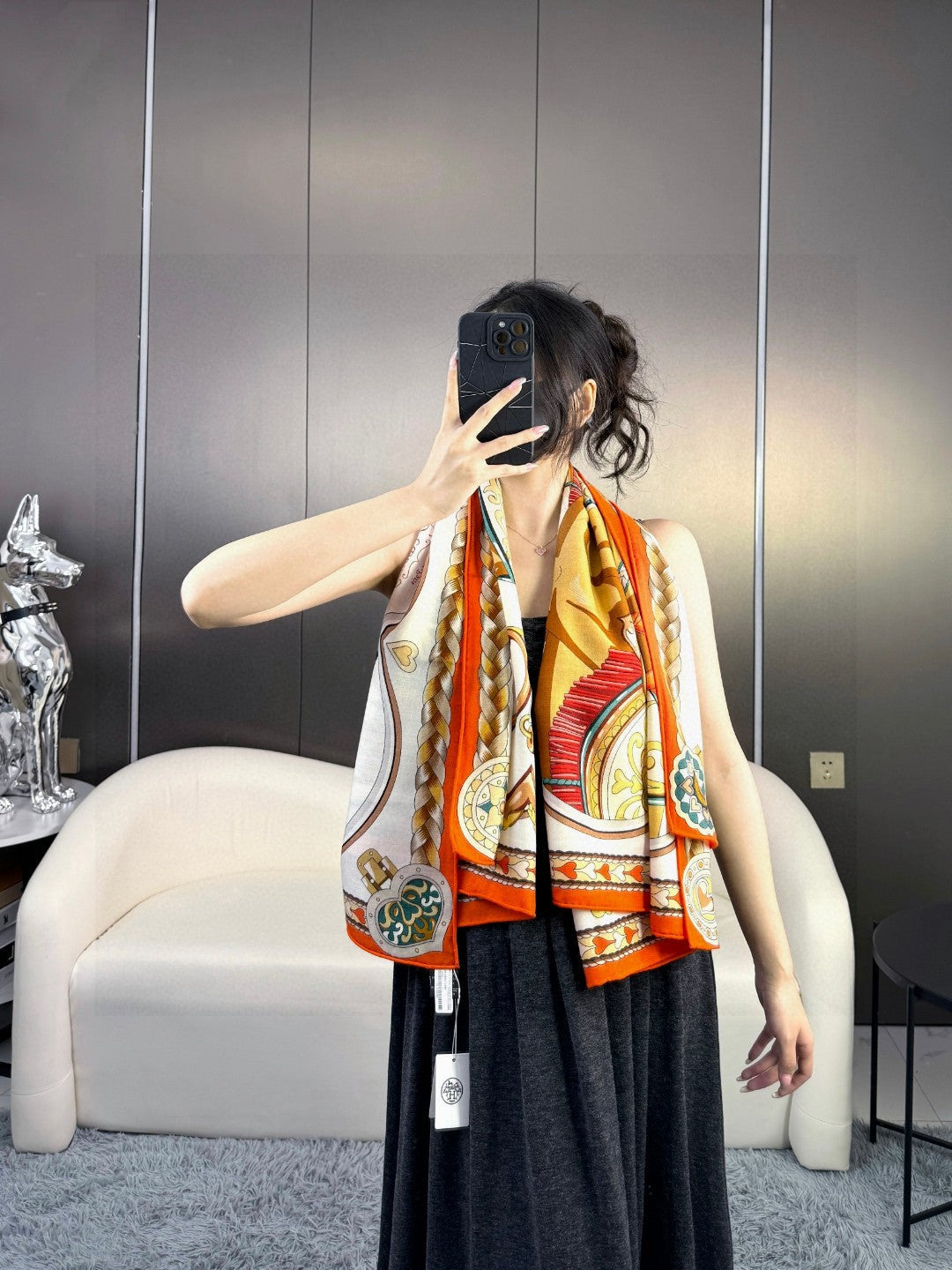 HERMES 26S PRINTED SQUARE SCARF 135 IN CASHMERE AND SILK 309422
