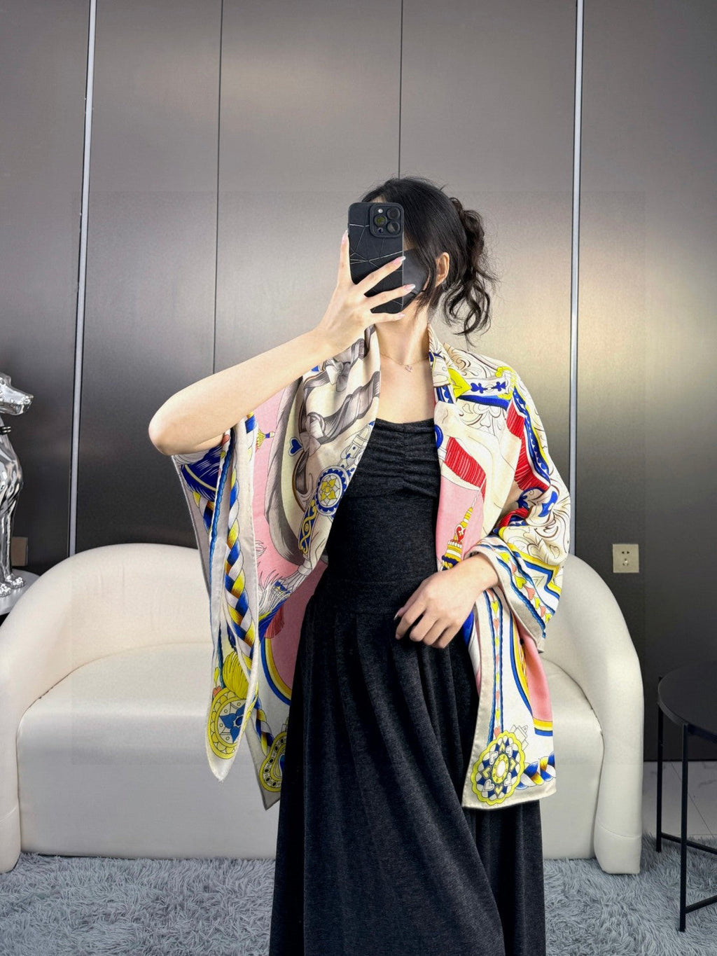 HERMES 26S PRINTED SQUARE SCARF 135 IN CASHMERE AND SILK 309423