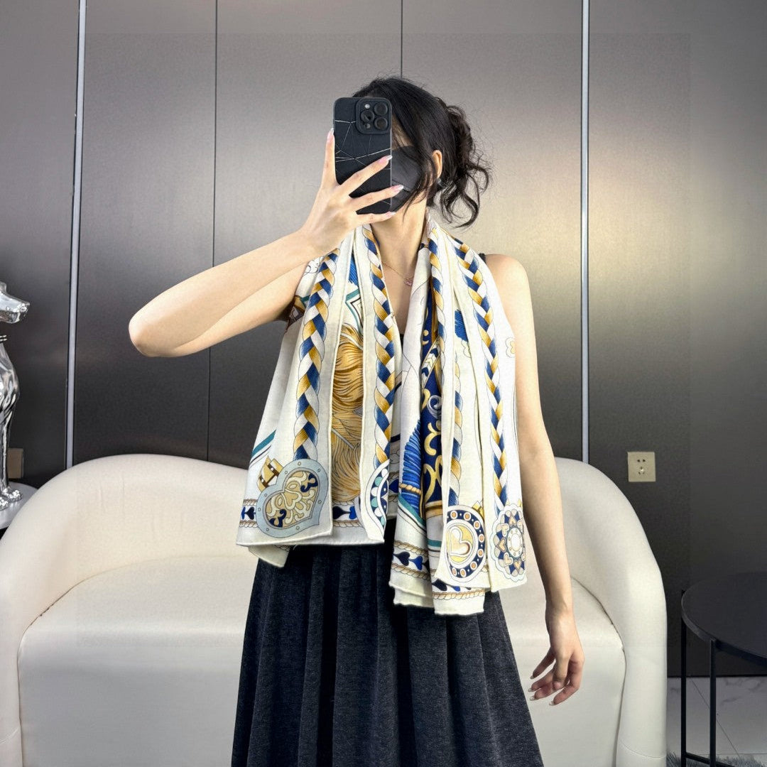 HERMES 26S PRINTED SQUARE SCARF 135 IN CASHMERE AND SILK 309424