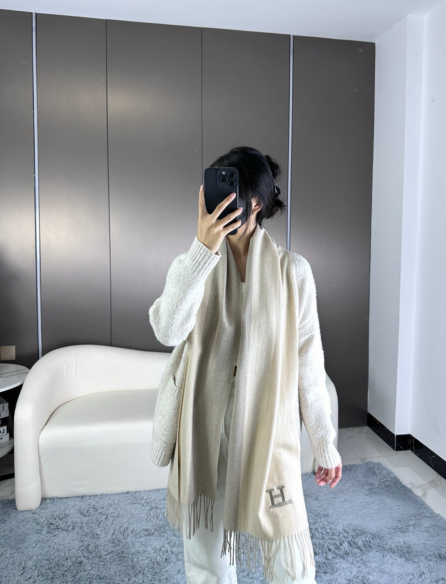 HERMES 26S LONG SCARF 190 IN CASHMERE 309794