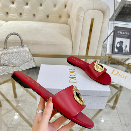 DIOR 26S  FLAT SLIDE SANDALS IN DARK RED CALFSKIN WITH GOLD HARDWARE