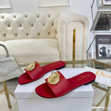DIOR 26S  FLAT SLIDE SANDALS IN DARK RED CALFSKIN WITH GOLD HARDWARE
