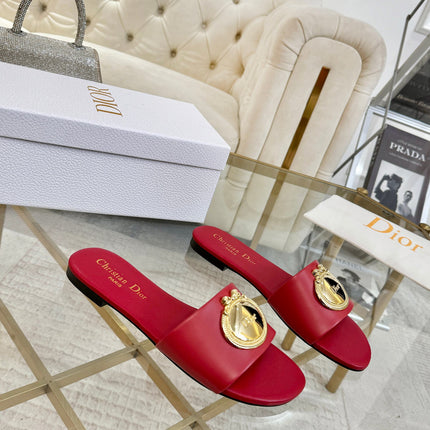 DIOR 26S  FLAT SLIDE SANDALS IN DARK RED CALFSKIN WITH GOLD HARDWARE