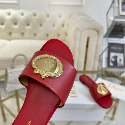 DIOR 26S  FLAT SLIDE SANDALS IN DARK RED CALFSKIN WITH GOLD HARDWARE