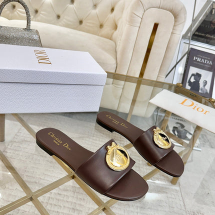 DIOR 26S  FLAT SLIDE SANDALS IN DARK BROWN CALFSKIN WITH GOLD HARDWARE