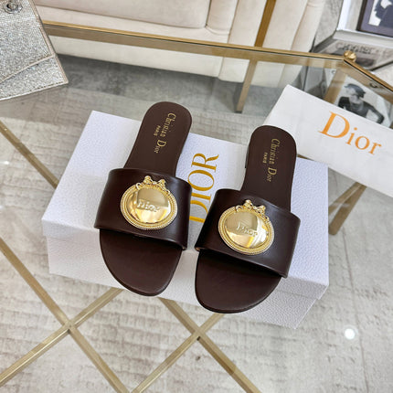 DIOR 26S  FLAT SLIDE SANDALS IN DARK BROWN CALFSKIN WITH GOLD HARDWARE