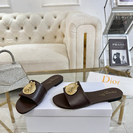 DIOR 26S  FLAT SLIDE SANDALS IN DARK BROWN CALFSKIN WITH GOLD HARDWARE