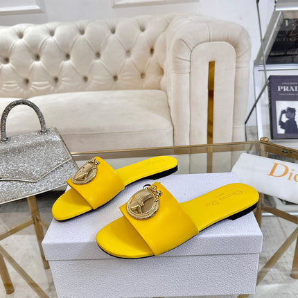 DIOR 26S  FLAT SLIDE SANDALS IN YELLOW CALFSKIN WITH GOLD HARDWARE