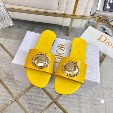 DIOR 26S  FLAT SLIDE SANDALS IN YELLOW CALFSKIN WITH GOLD HARDWARE
