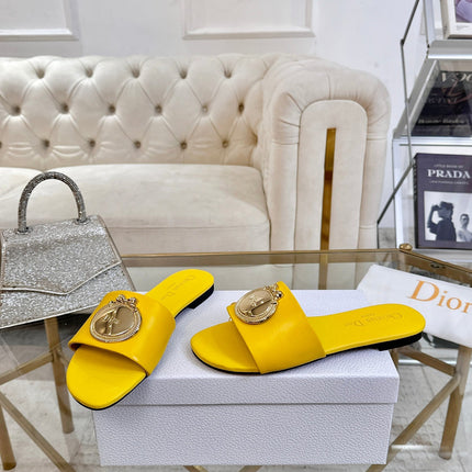 DIOR 26S  FLAT SLIDE SANDALS IN YELLOW CALFSKIN WITH GOLD HARDWARE