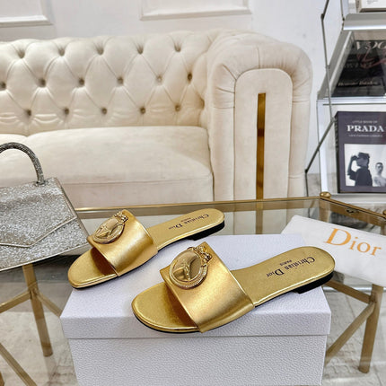 DIOR 26S  FLAT SLIDE SANDALS IN GOLD CALFSKIN WITH GOLD HARDWARE