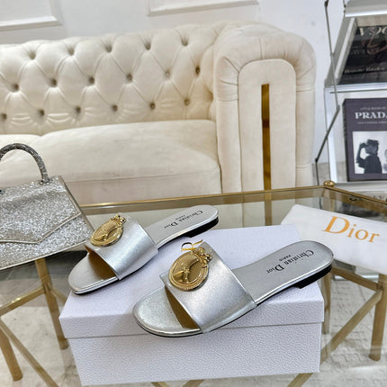 DIOR 26S  FLAT SLIDE SANDALS IN SILVER CALFSKIN WITH GOLD HARDWARE