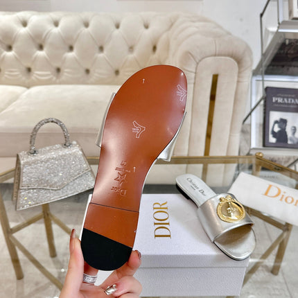 DIOR 26S  FLAT SLIDE SANDALS IN SILVER CALFSKIN WITH GOLD HARDWARE