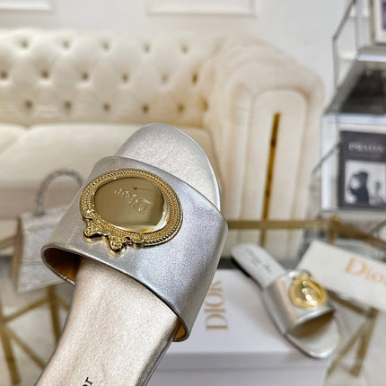 DIOR 26S  FLAT SLIDE SANDALS IN SILVER CALFSKIN WITH GOLD HARDWARE