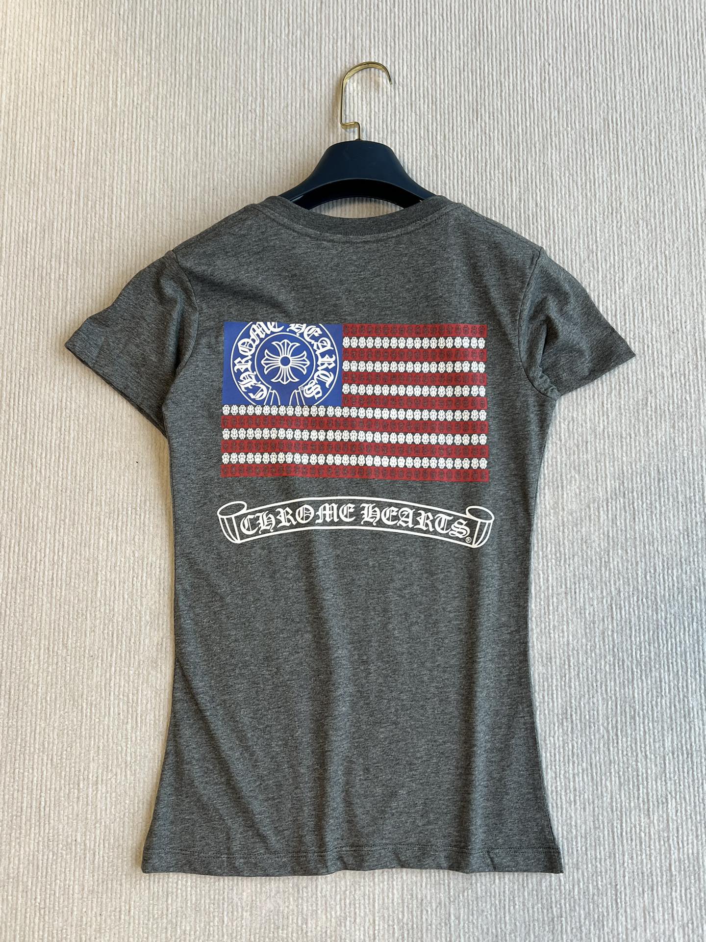 CHROMEHEARTS GRAY SHORT-SLEEVE V-NECK COTTON T-SHIRT