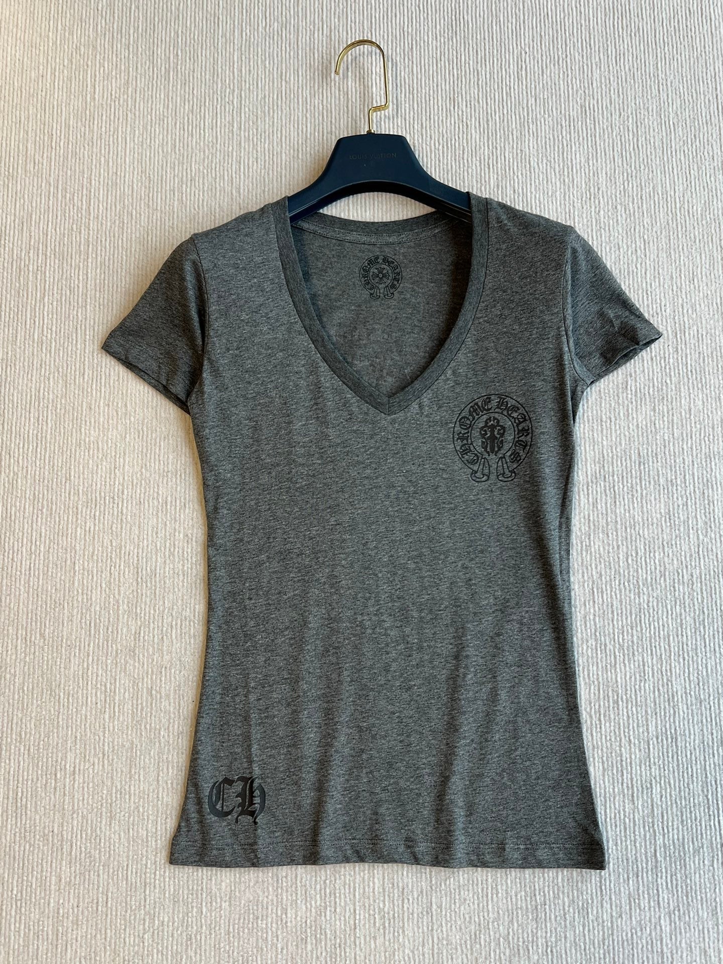 CHROMEHEARTS GRAY SHORT-SLEEVE V-NECK COTTON T-SHIRT