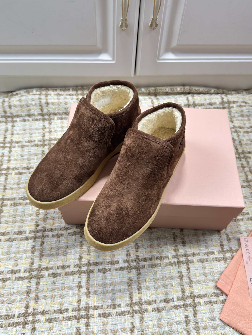 MIUMIU 26S SLIP-ON BOOTIES IN DARK BROWN SUEDE WITH SHEARLING