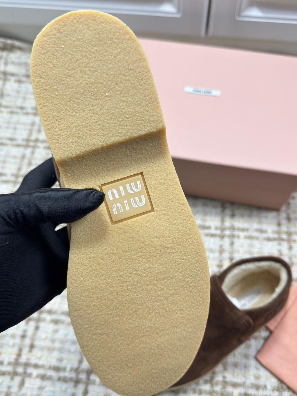 MIUMIU 26S SLIP-ON BOOTIES IN DARK BROWN SUEDE WITH SHEARLING