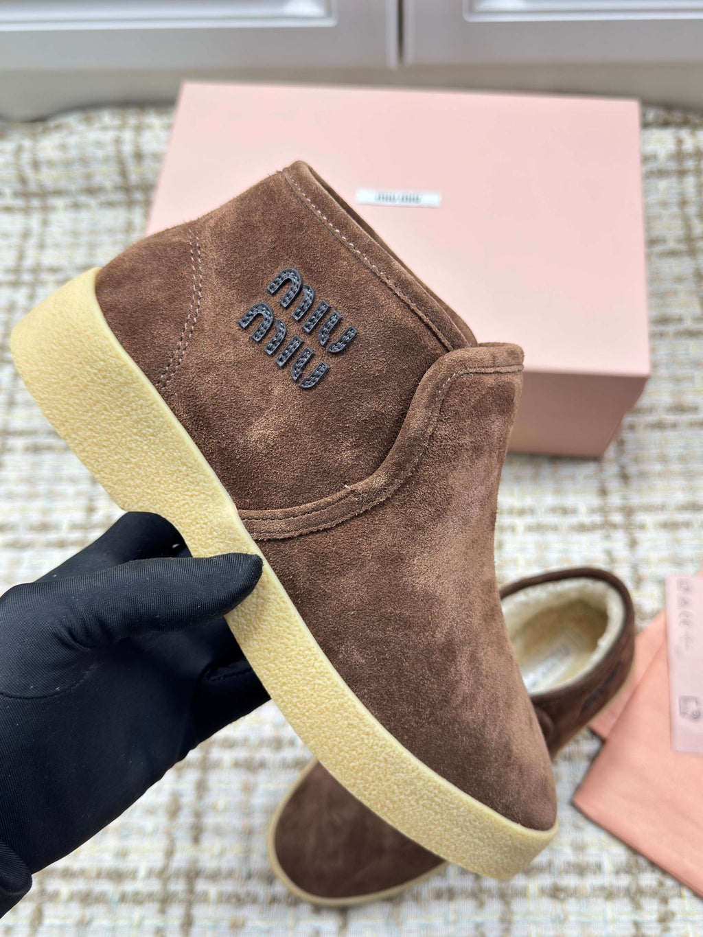 MIUMIU 26S SLIP-ON BOOTIES IN DARK BROWN SUEDE WITH SHEARLING