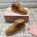MIUMIU 26S SLIP-ON BOOTIES IN CAMEL BROWN SUEDE WITH SHEARLING