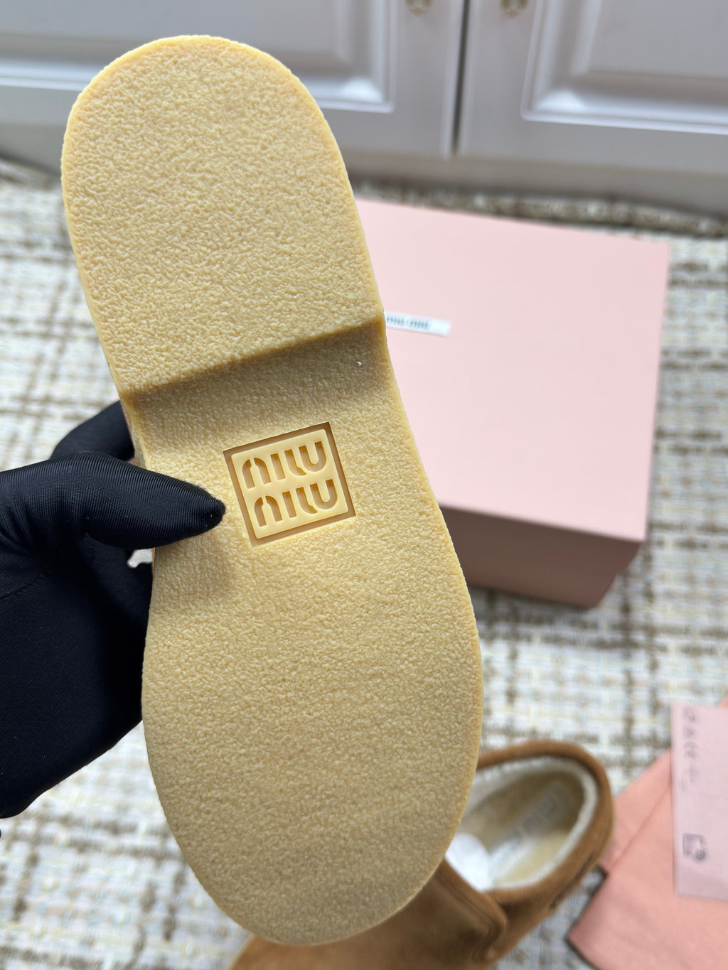 MIUMIU 26S SLIP-ON BOOTIES IN CAMEL BROWN SUEDE WITH SHEARLING