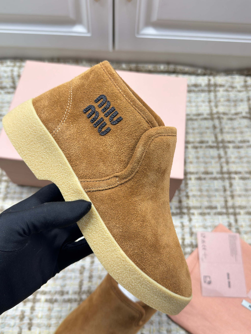 MIUMIU 26S SLIP-ON BOOTIES IN CAMEL BROWN SUEDE WITH SHEARLING
