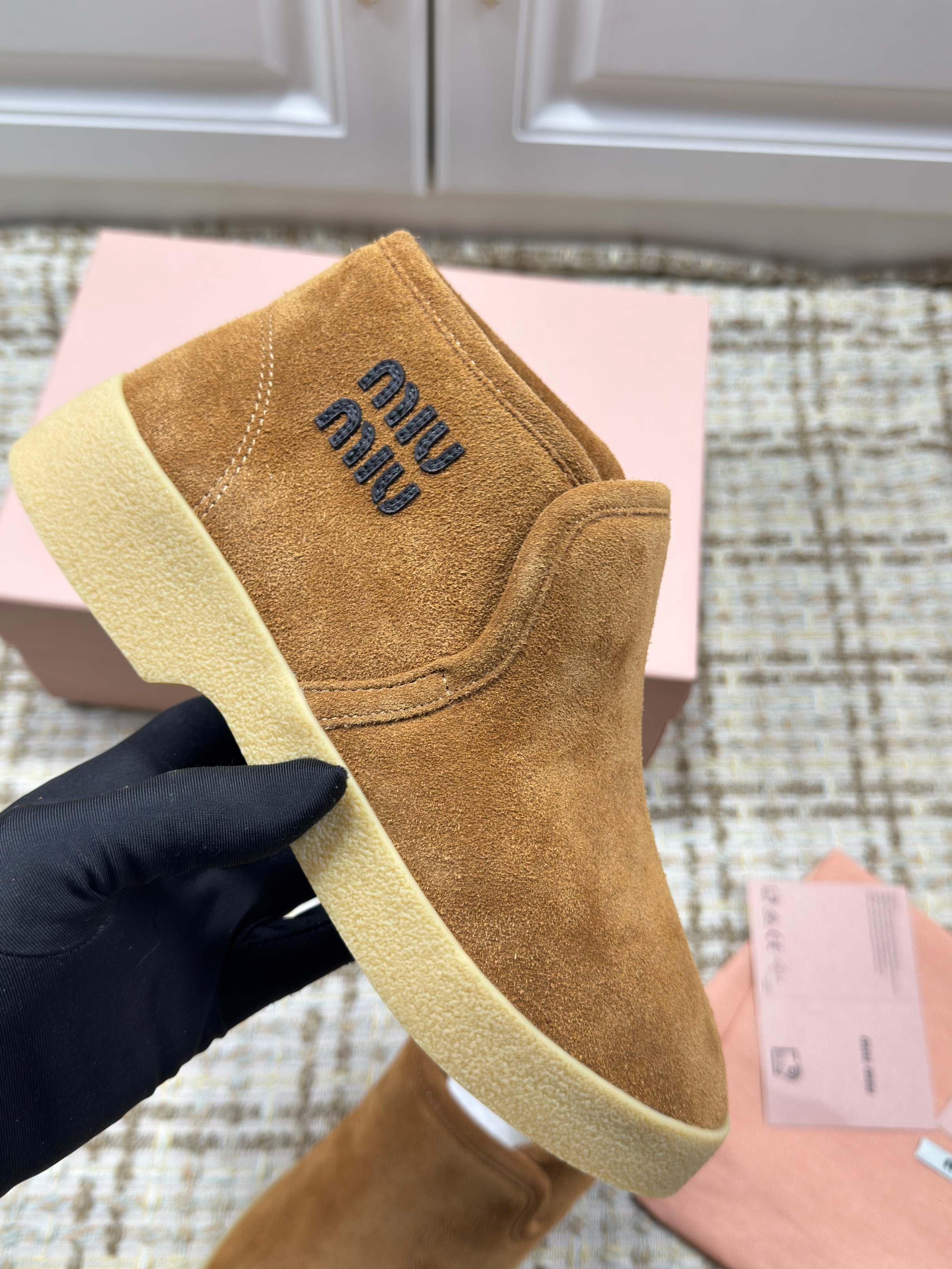 MIUMIU 26S SLIP-ON BOOTIES IN CAMEL BROWN SUEDE WITH SHEARLING
