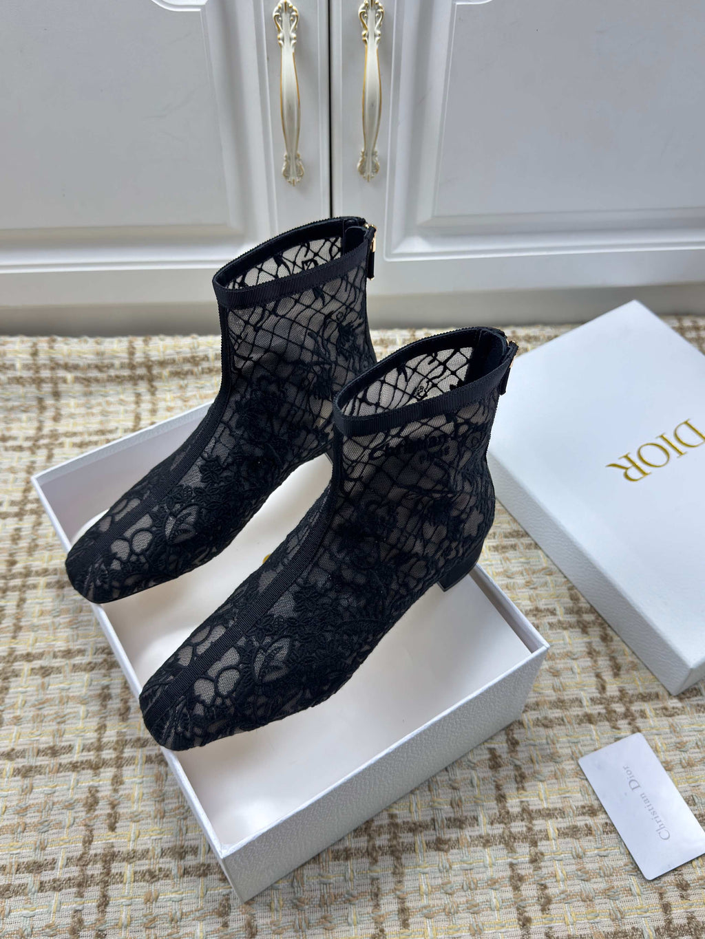 DIOR 26S ANKLE BOOTS 35MM IN BLACK FLORAL LACE MESH BLOCK HEEL
