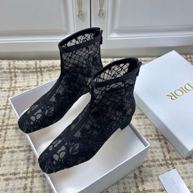 DIOR 26S ANKLE BOOTS 35MM IN BLACK FLORAL LACE MESH BLOCK HEEL