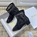 DIOR 26S ANKLE BOOTS 35MM IN BLACK FLORAL LACE MESH BLOCK HEEL