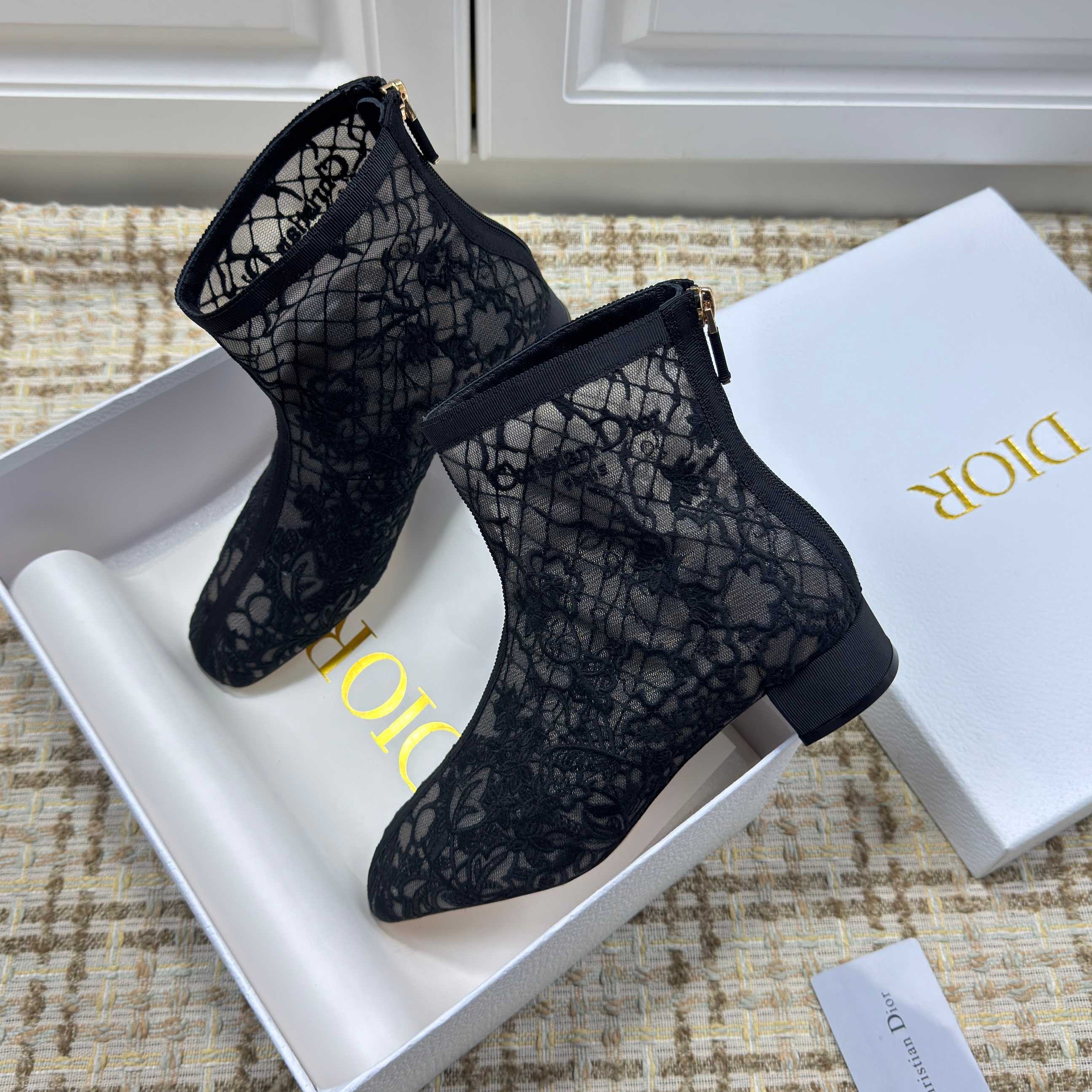 DIOR 26S ANKLE BOOTS 35MM IN BLACK FLORAL LACE MESH BLOCK HEEL