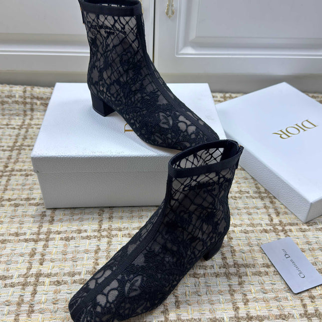 DIOR 26S ANKLE BOOTS 35MM IN BLACK FLORAL LACE MESH BLOCK HEEL