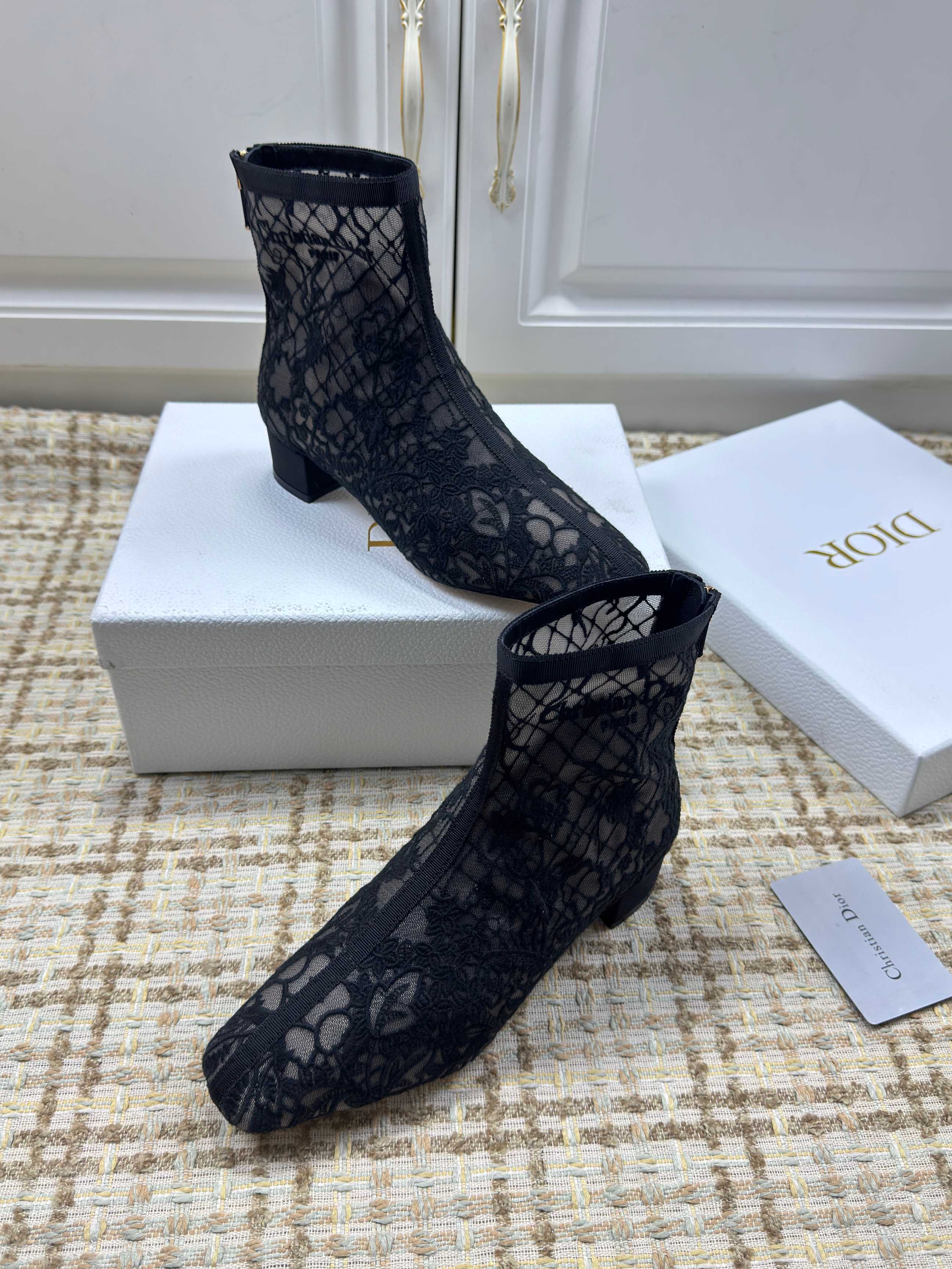 DIOR 26S ANKLE BOOTS 35MM IN BLACK FLORAL LACE MESH BLOCK HEEL