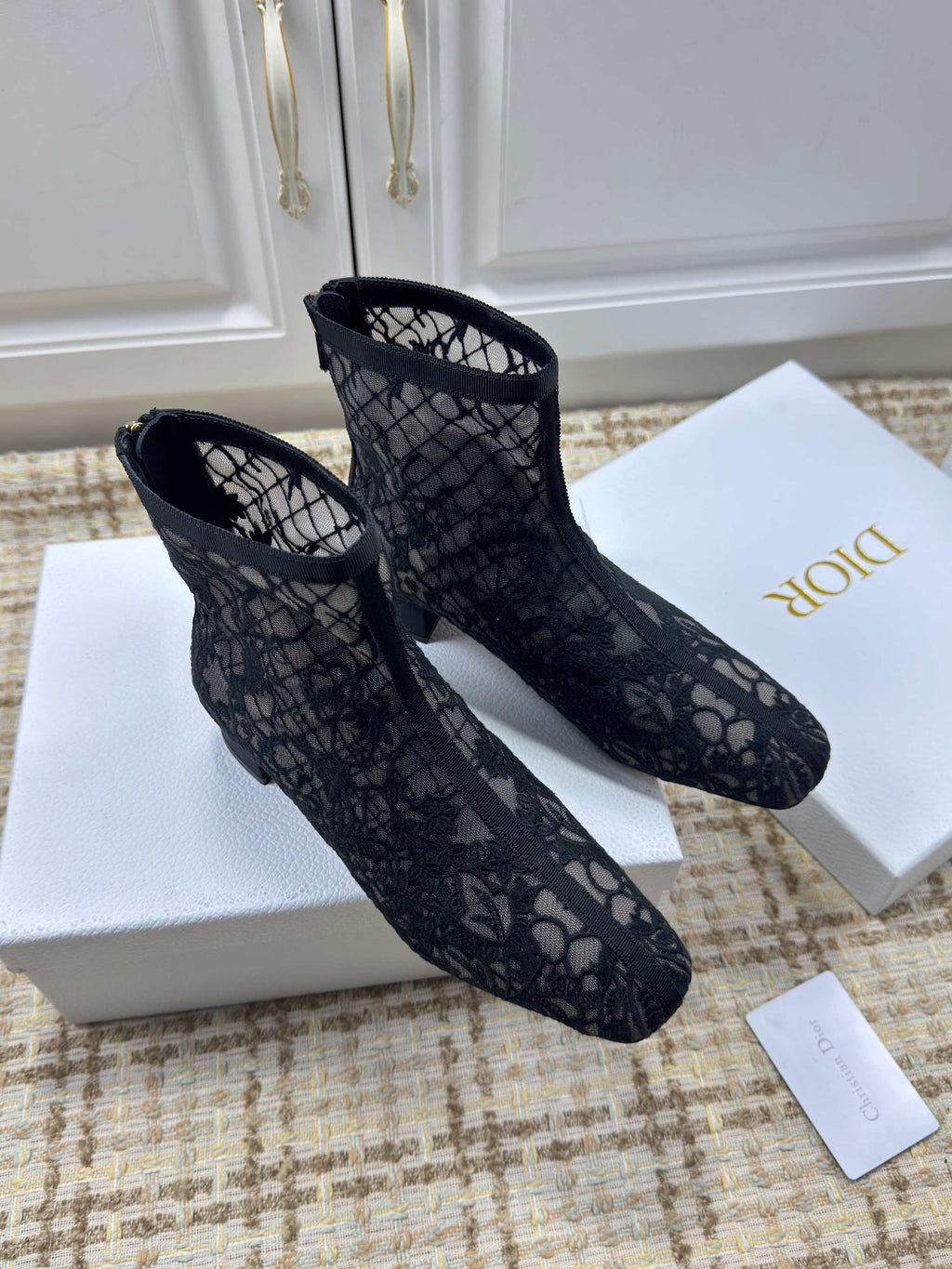 DIOR 26S ANKLE BOOTS 35MM IN BLACK FLORAL LACE MESH BLOCK HEEL
