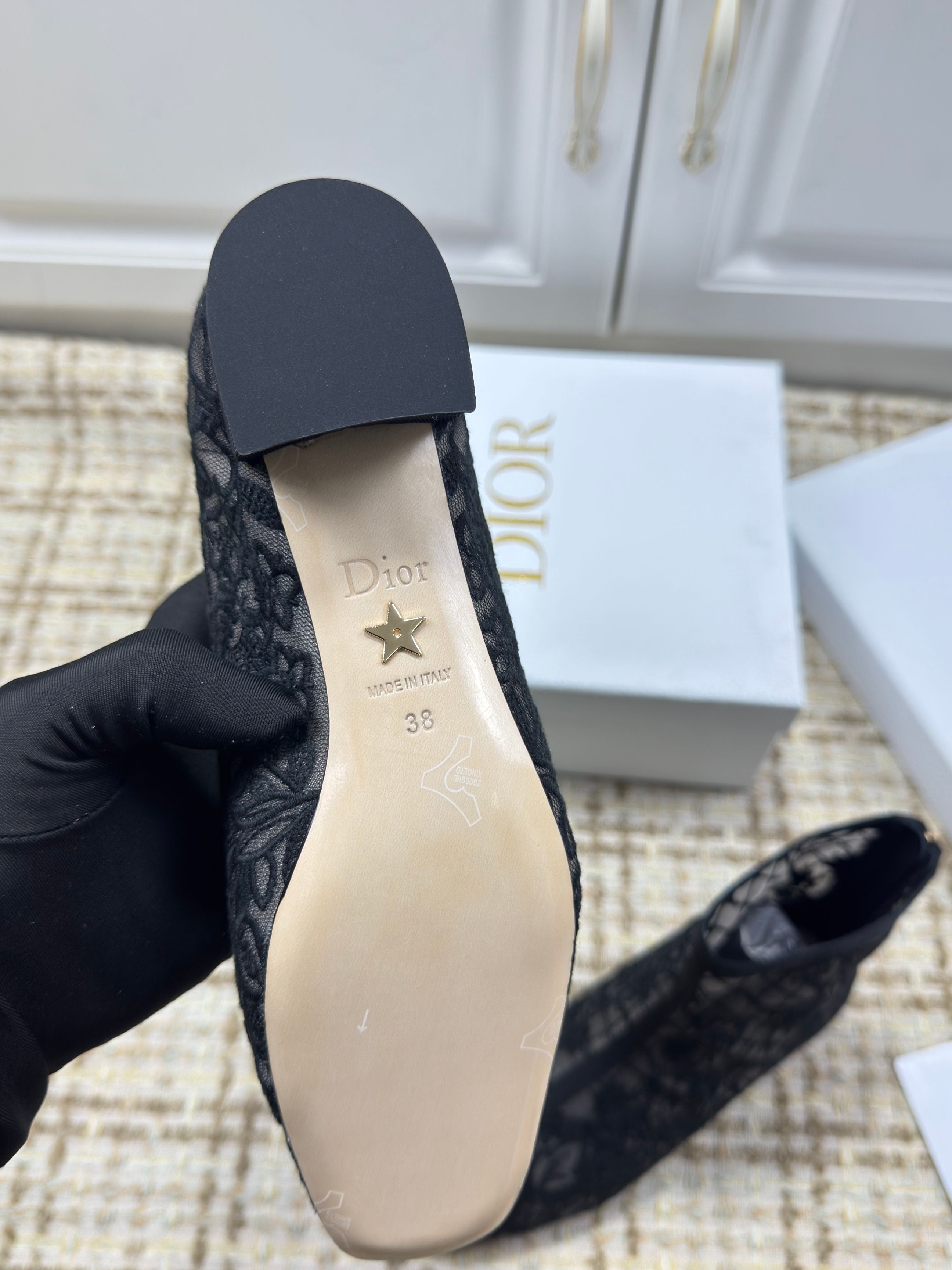 DIOR 26S ANKLE BOOTS 35MM IN BLACK FLORAL LACE MESH BLOCK HEEL