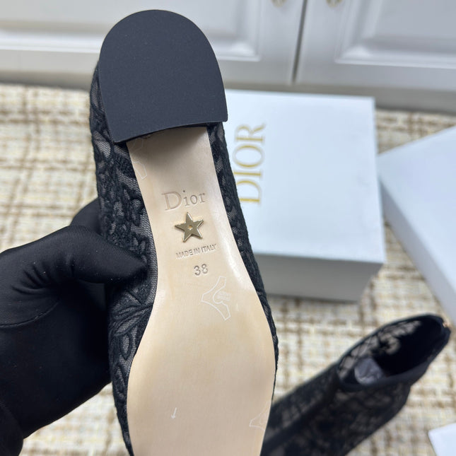 DIOR 26S ANKLE BOOTS 35MM IN BLACK FLORAL LACE MESH BLOCK HEEL