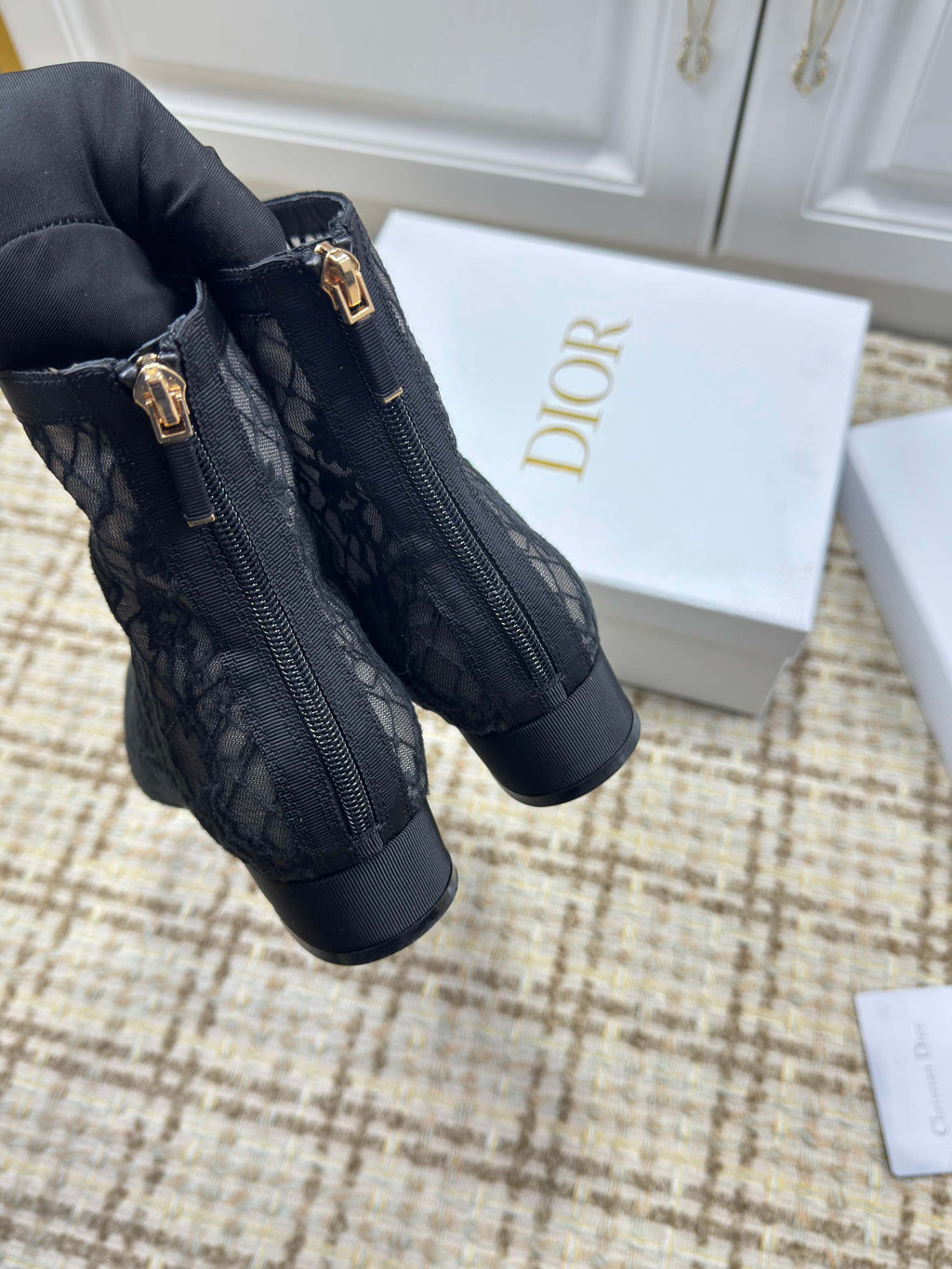 DIOR 26S ANKLE BOOTS 35MM IN BLACK FLORAL LACE MESH BLOCK HEEL