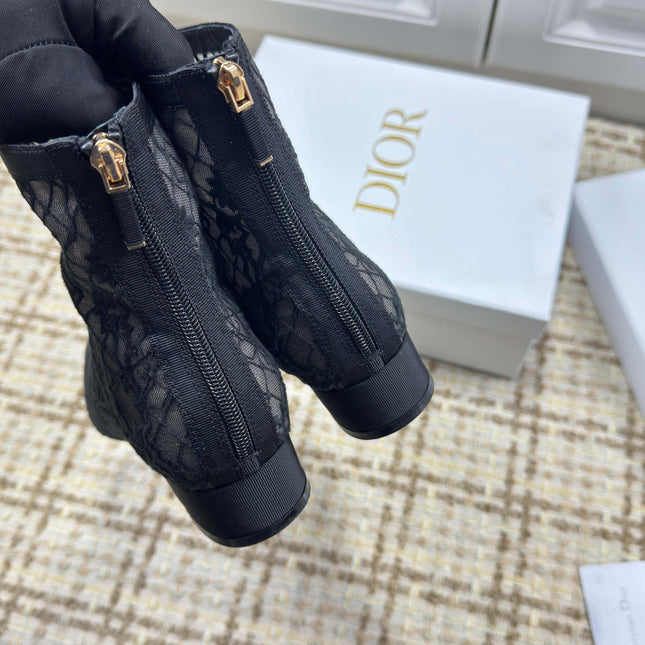 DIOR 26S ANKLE BOOTS 35MM IN BLACK FLORAL LACE MESH BLOCK HEEL