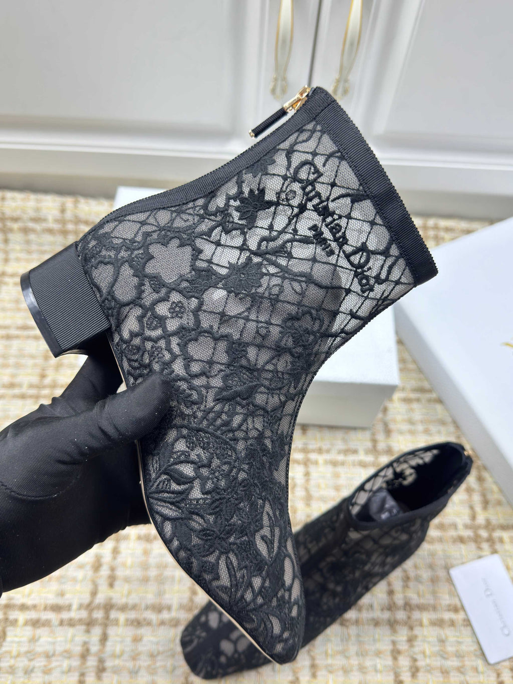 DIOR 26S ANKLE BOOTS 35MM IN BLACK FLORAL LACE MESH BLOCK HEEL
