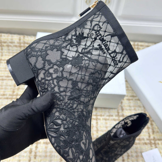 DIOR 26S ANKLE BOOTS 35MM IN BLACK FLORAL LACE MESH BLOCK HEEL