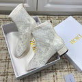 DIOR 26S ANKLE BOOTS 35MM IN WHITE FLORAL LACE MESH BLOCK HEEL