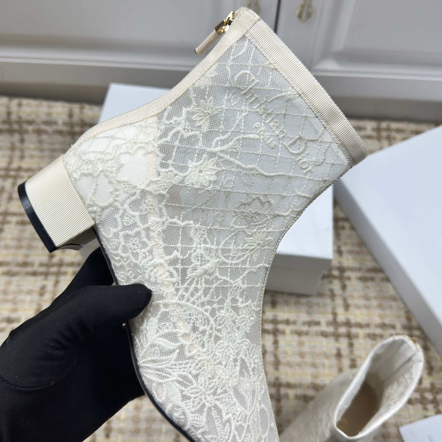 DIOR 26S ANKLE BOOTS 35MM IN WHITE FLORAL LACE MESH BLOCK HEEL