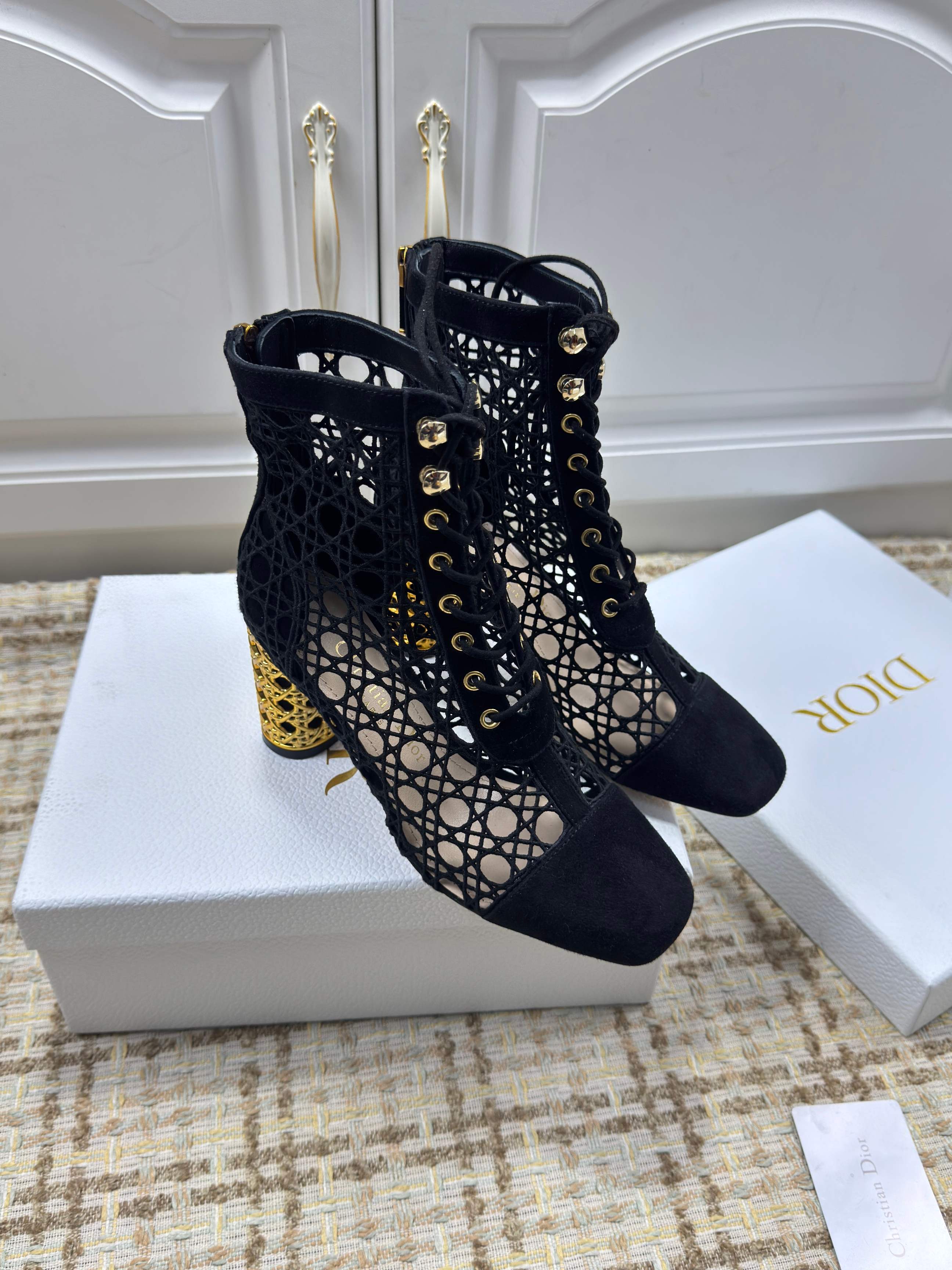 DIOR 26S LACE UP ANKLE BOOTS 80MM IN BLACK OPENWORK LACE SUEDE GOLD HEEL