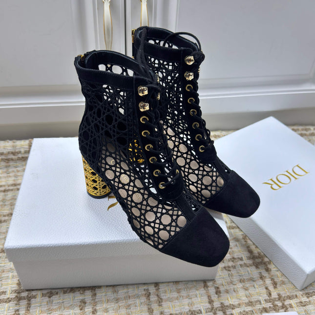 DIOR 26S LACE UP ANKLE BOOTS 80MM IN BLACK OPENWORK LACE SUEDE GOLD HEEL