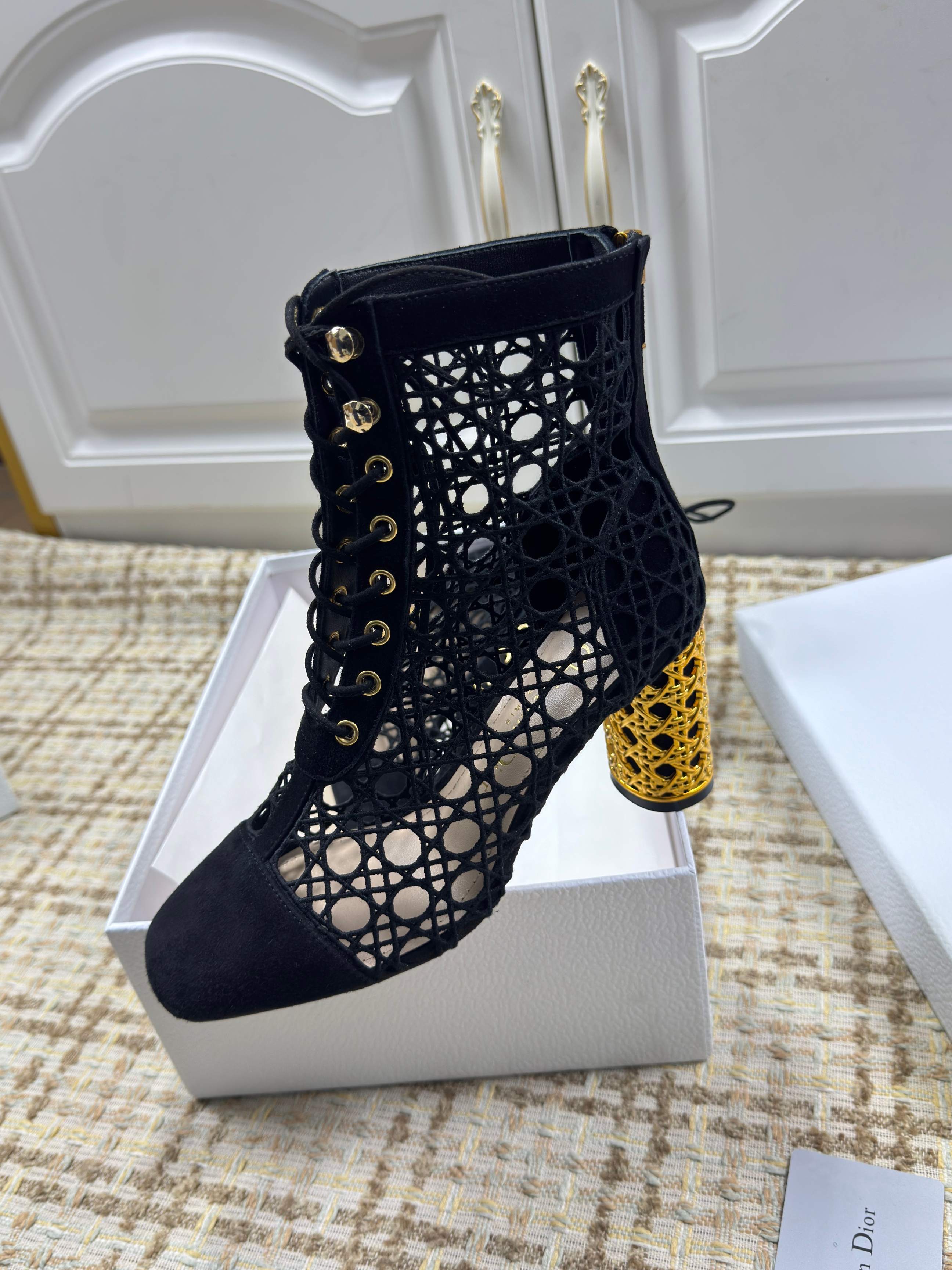 DIOR 26S LACE UP ANKLE BOOTS 80MM IN BLACK OPENWORK LACE SUEDE GOLD HEEL
