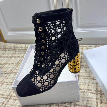 DIOR 26S LACE UP ANKLE BOOTS 80MM IN BLACK OPENWORK LACE SUEDE GOLD HEEL