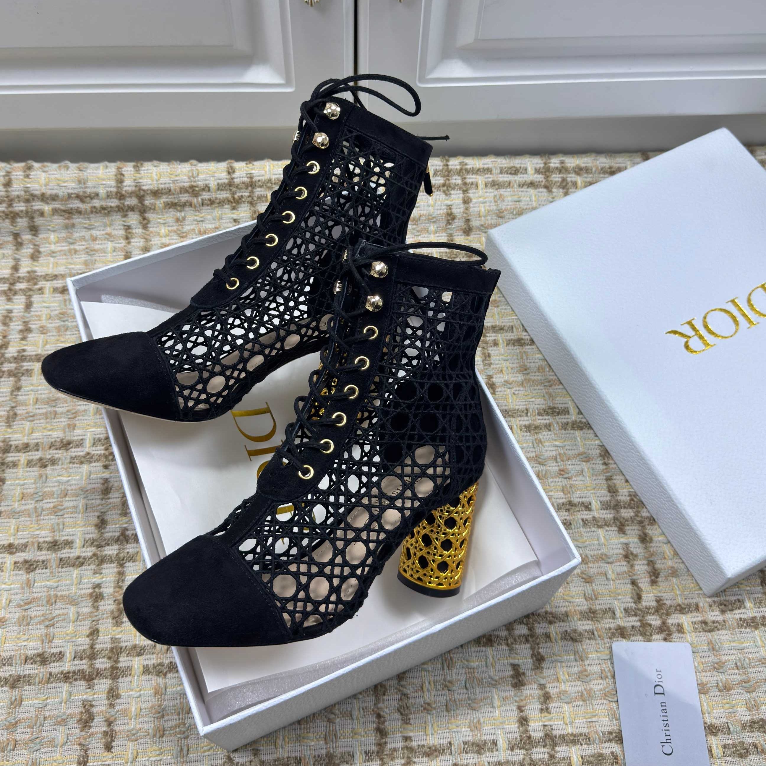 DIOR 26S LACE UP ANKLE BOOTS 80MM IN BLACK OPENWORK LACE SUEDE GOLD HEEL