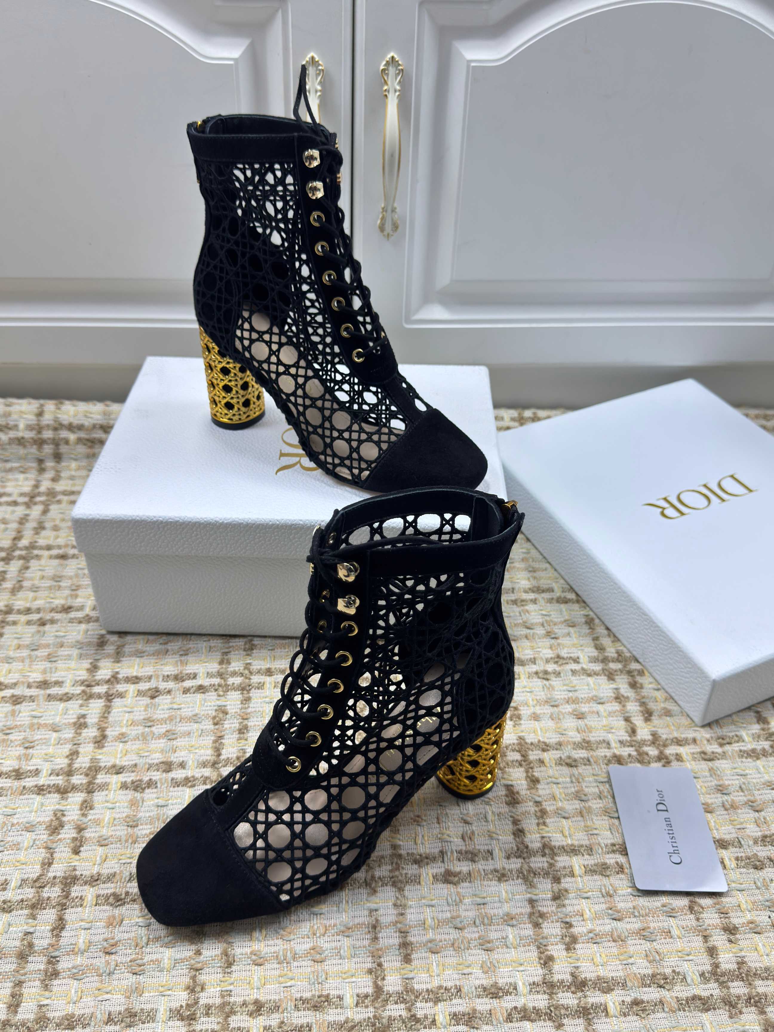 DIOR 26S LACE UP ANKLE BOOTS 80MM IN BLACK OPENWORK LACE SUEDE GOLD HEEL
