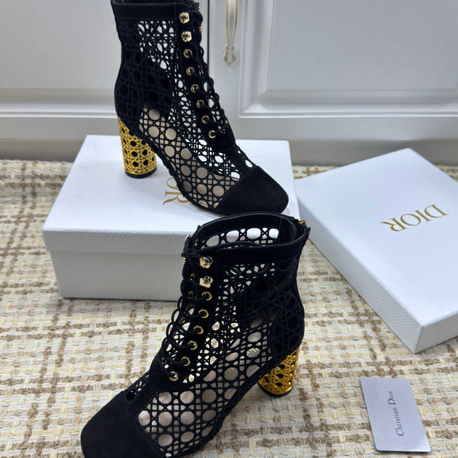 DIOR 26S LACE UP ANKLE BOOTS 80MM IN BLACK OPENWORK LACE SUEDE GOLD HEEL